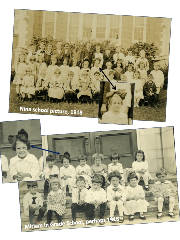Slide 2: Nina's class picture from 1918. An arrow and zoom box highlight Nina. Below, a class picture, perhaps from 1918. An arrow and zoom box highlight Miriam.