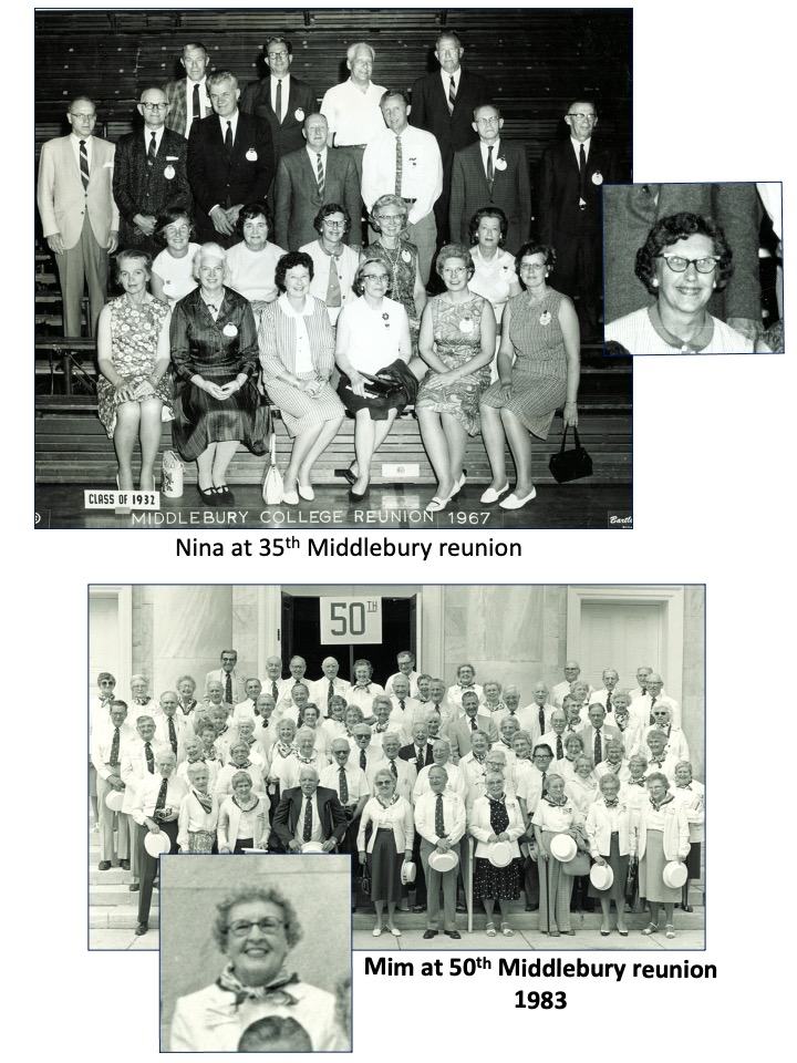 Slide 9: Two photos. Top - A photo of Nina at her 35th Middlebury reunion. Bottom - a photo of Miriam at her 50th Middlebury reunion in 1983.